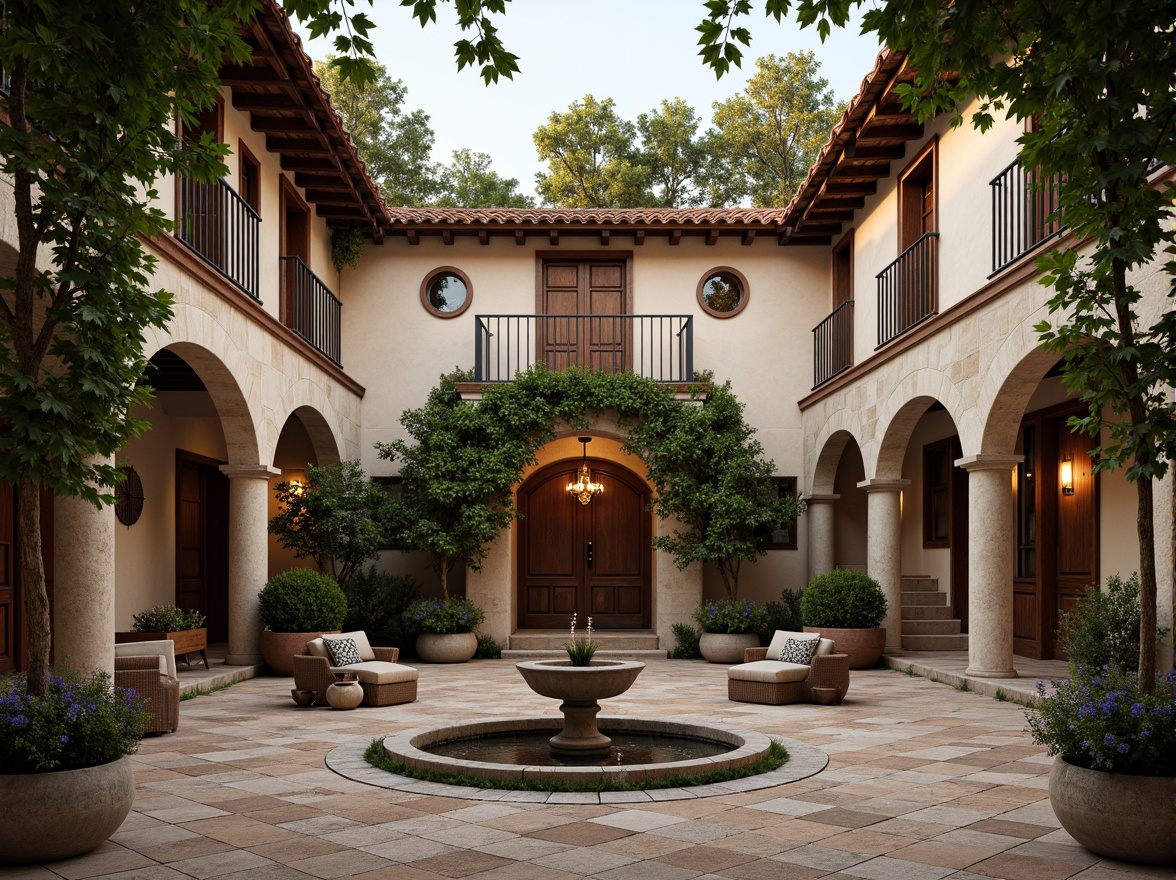 Prompt: Rustic winery facade, curved archways, ornate stone carvings, vintage wooden doors, wrought iron balconies, terracotta roof tiles, lush green vines, Mediterranean courtyard, tranquil fountain, soft warm lighting, shallow depth of field, 1/2 composition, realistic textures, ambient occlusion, classic Renaissance details, intricate stonework, ornate metalwork, earthy color palette, natural stone walls, wooden beam ceilings, grand chandeliers, elegant staircases.