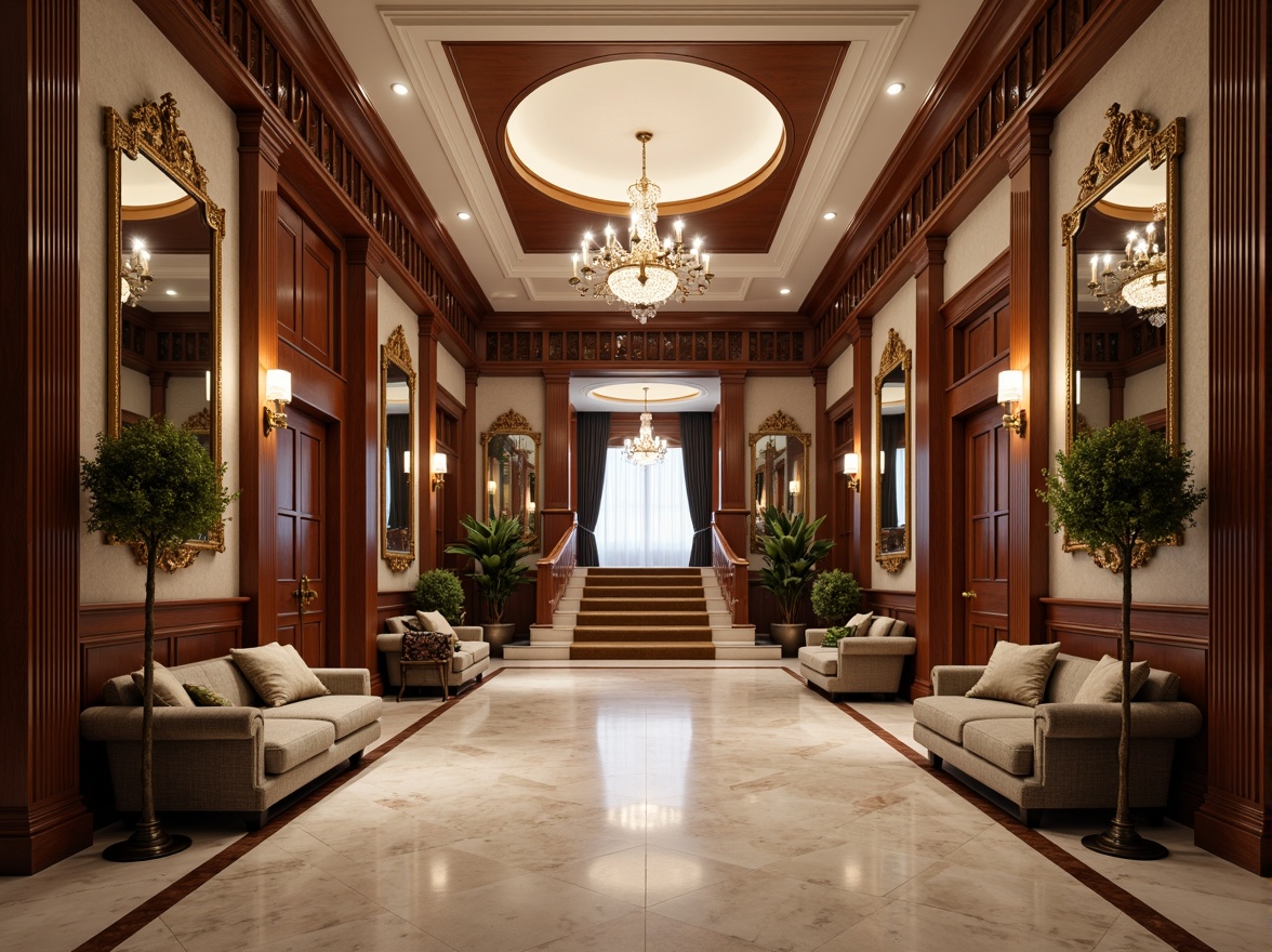 Prompt: Elegant grand foyer, sweeping staircase, ornate chandeliers, polished marble floors, intricately carved wooden paneling, rich velvet drapes, gilded mirrors, classical columns, ornamental moldings, subtle color palette, soft warm lighting, shallow depth of field, 1/1 composition, symmetrical layout, opulent furnishings, luxurious textiles, refined decorative accents, sophisticated ambiance, calm atmosphere.