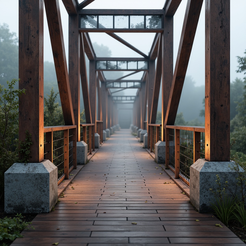 Prompt: Rustic pedestrian bridge, weathered steel beams, wooden decking planks, natural stone piers, textured concrete abutments, galvanized railings, warm timber accents, rough-hewn bollards, subtle LED lighting, misty morning atmosphere, soft focus, 1/2 composition, realistic render, ambient occlusion.