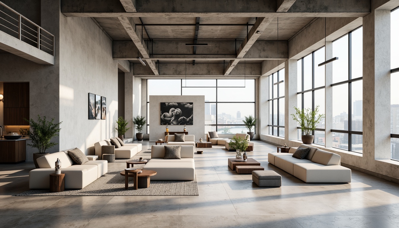 Prompt: Monochromatic loft space, sleek modern furniture, polished concrete floors, industrial metal beams, minimalist decor, soft warm lighting, neutral color palette, creamy whites, rich grays, taupe accents, bold black outlines, statement art pieces, oversized windows, cityscape views, urban chic atmosphere, 1/1 composition, shallow depth of field, realistic textures, ambient occlusion.