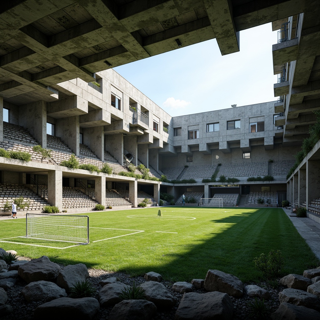 Prompt: Rugged sports field, brutalist architecture, raw concrete structures, exposed ductwork, industrial steel beams, bold geometric shapes, vibrant green turf, athletic track markings, goalposts, stadium seating, natural rock formations, sparse landscaping, dramatic shading, high-contrast lighting, cinematic composition, gritty textures, ambient occlusion.