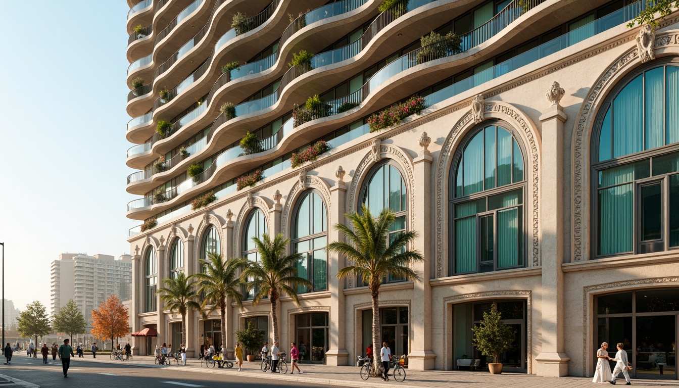 Prompt: Majestic coastal skyscraper, classicism style, ornate balconies, grand entranceways, symmetrical facades, rusticated stone bases, ionic columns, arched windows, decorative cornices, statuesque ornaments, ocean-inspired sculptural details, turquoise-tinted glass, wave-patterned metal cladding, soft beachy color palette, natural textures, subtle nautical themes, warm golden lighting, shallow depth of field, 1/2 composition, dramatic low-angle view, realistic reflections, ambient occlusion.