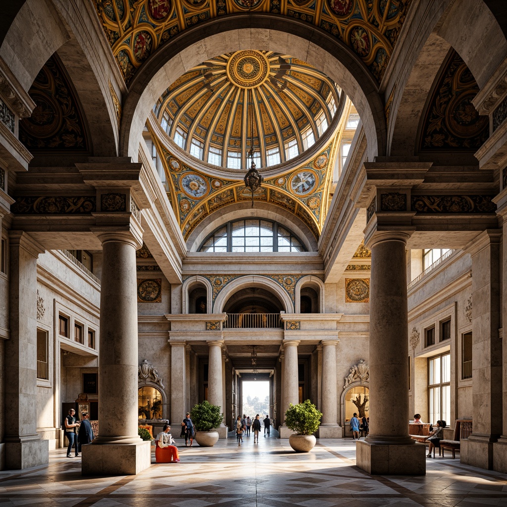 Prompt: Intricate stone carvings, ornate arches, domed rooftops, vibrant mosaics, golden accents, lavish frescoes, ornamental columns, grand entranceways, high ceilings, marble floors, intricate moldings, Byzantine-inspired patterns, rich textiles, warm natural lighting, shallow depth of field, 1/1 composition, realistic textures, ambient occlusion.