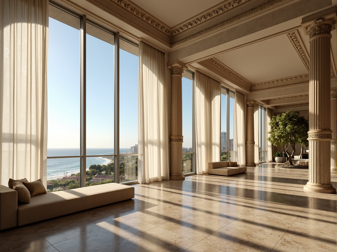 Prompt: Elegant skyscraper, coastal cityscape, soft ocean breeze, floor-to-ceiling windows, sheer curtains, billowy drapes, linen fabrics, natural textiles, sea-inspired color palette, calming beige tones, crisp white accents, ornate moldings, classicist architectural details, Greek column-inspired designs, intricate stone carvings, polished marble floors, luxurious velvet upholsteries, ambient ocean views, warm golden lighting, shallow depth of field, 1/1 composition, realistic glass reflections, subtle gradient maps.