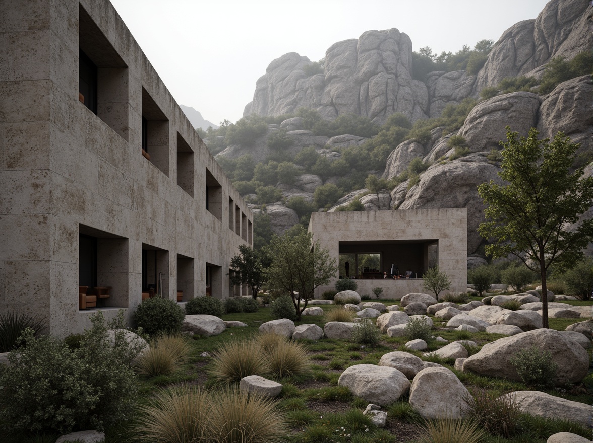 Prompt: Rough-hewn stone walls, exposed concrete structures, natural wood accents, brutalist architecture, rugged textures, earthy color palette, industrial materials, metallic tones, functional minimalism, urban landscape, overcast skies, dramatic shadows, low-angle lighting, cinematic composition, atmospheric perspective, realistic renderings.