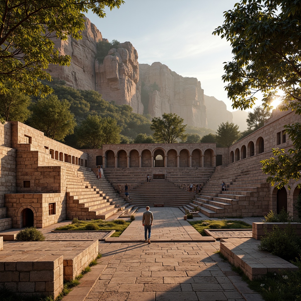 Prompt: Ancient amphitheater, grandiose structure, weathered stone walls, rustic brick fa\u00e7ade, ornate column details, sweeping arches, sun-baked terracotta tiles, natural rock formations, lush greenery surroundings, Mediterranean landscape, warm golden light, dramatic shadows, low-angle shot, 1/2 composition, atmospheric perspective, rich textures, subtle color grading.