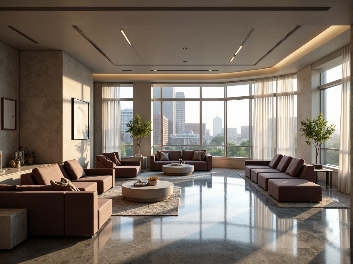 Prompt: Streamlined modern interior, polished marble floors, sleek metallic accents, minimalist decor, curved lines, geometric patterns, monochromatic color scheme, luxurious velvet sofas, low-profile coffee tables, floor-to-ceiling windows, sheer curtains, ambient lighting, subtle shading, 1/1 composition, realistic reflections, soft warm glow, morning sunlight, urban cityscape views.