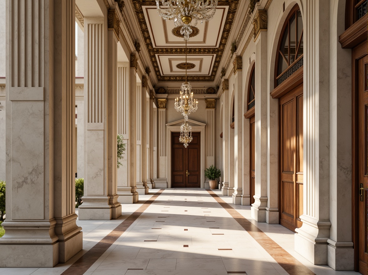 Prompt: Elegant neoclassical facade, muted earth tones, soft beige stone, creamy white marble, rich walnut wood, subtle gold accents, ornate bronze details, lavish crystal chandeliers, intricate stucco moldings, grandiose columns, symmetrical composition, soft warm lighting, shallow depth of field, 2/3 perspective view, realistic textures, ambient occlusion.