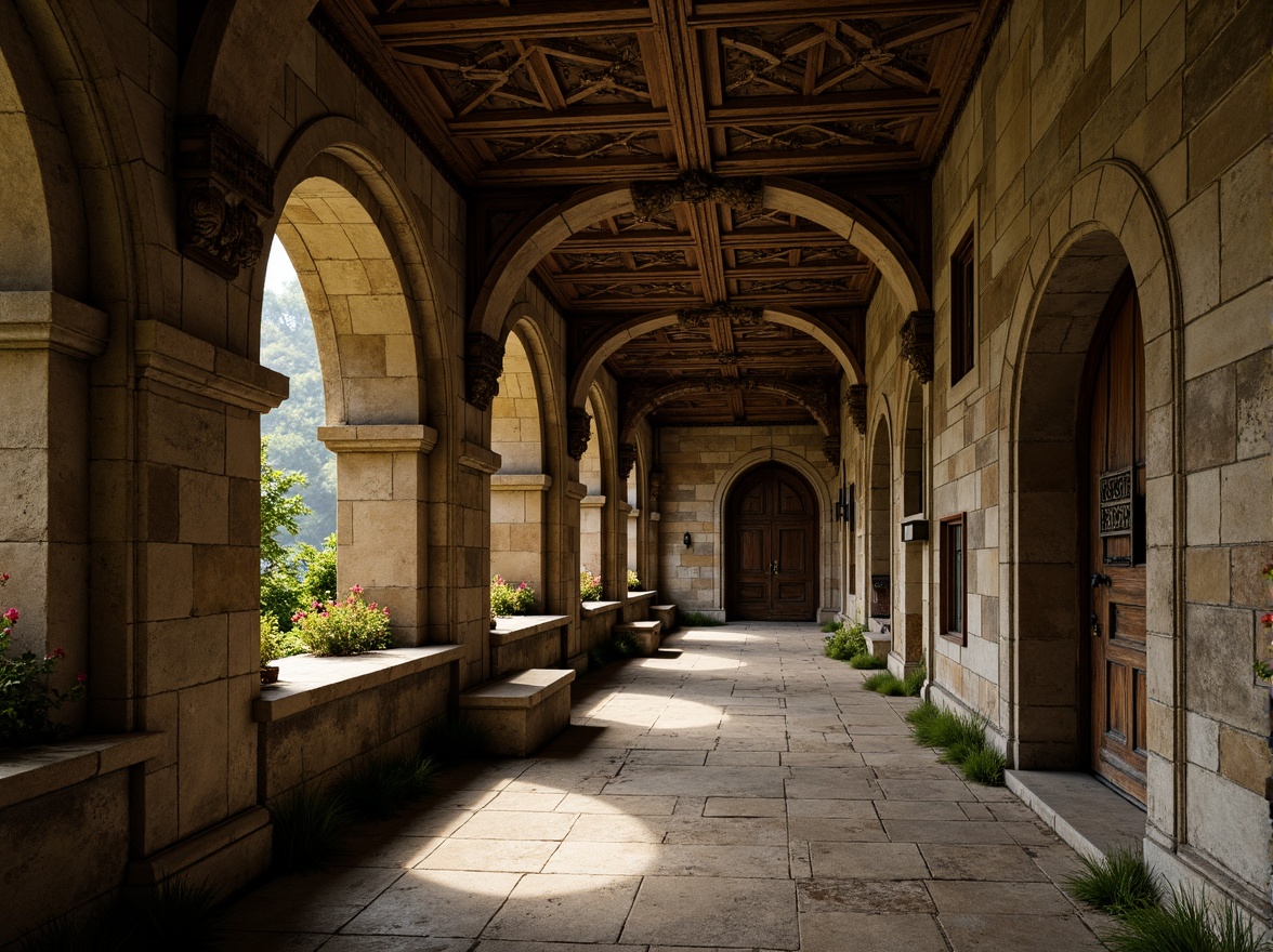 Prompt: Rustic stone arches, ornate carvings, grand entranceways, vaulted ceilings, Gothic-inspired ribbing, intricate stonework patterns, weathered stone surfaces, moss-covered walls, aged wooden doors, heavy metal hinges, mysterious passageways, soft warm lighting, subtle shadows, 1/1 composition, detailed textures, atmospheric rendering.