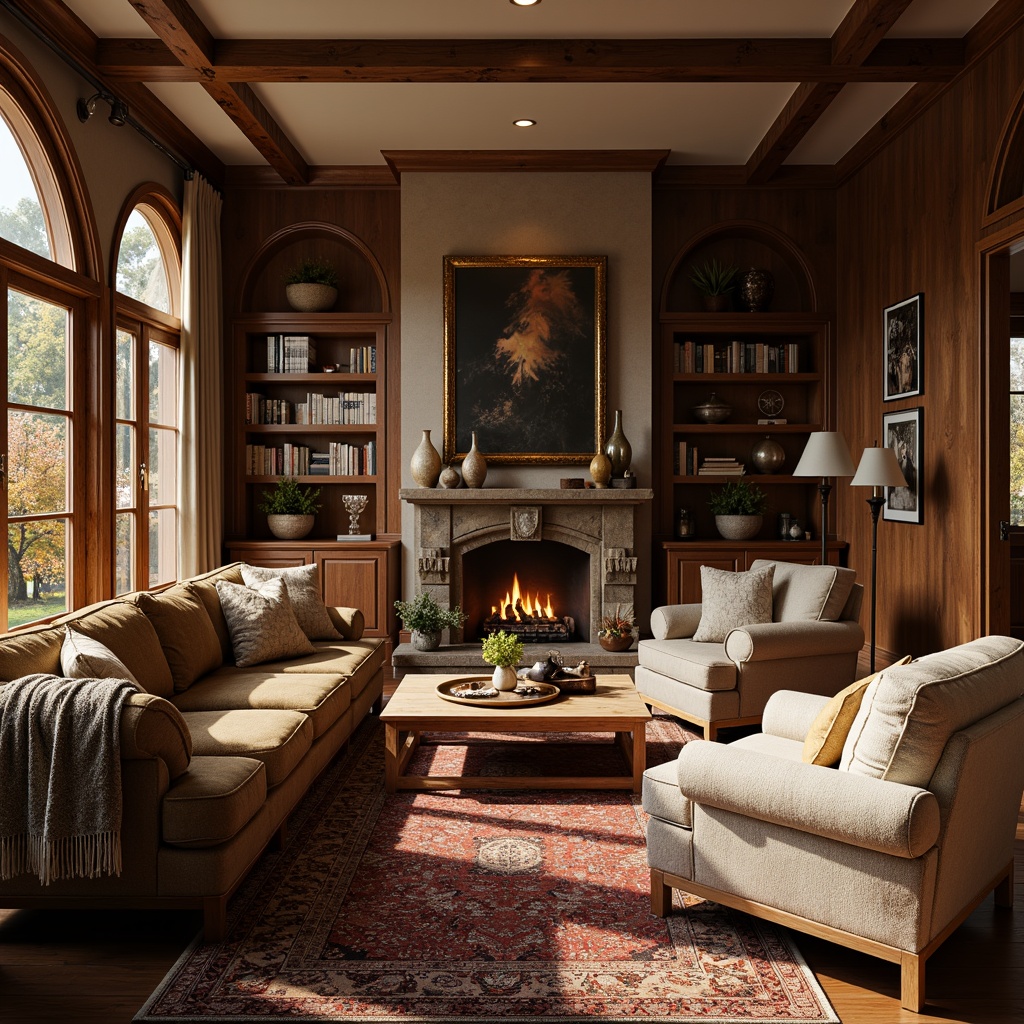 Prompt: Rich chocolate tones, warm beige accents, creamy whites, deep walnut brown, soft golden lighting, luxurious velvet textures, ornate wooden furniture, elegant interior design, sophisticated ambiance, cozy atmosphere, inviting living room, comfortable seating areas, plush throw blankets, decorative vases, rustic stone fireplace, autumnal foliage, soft focus, 2/3 composition, warm color harmony.