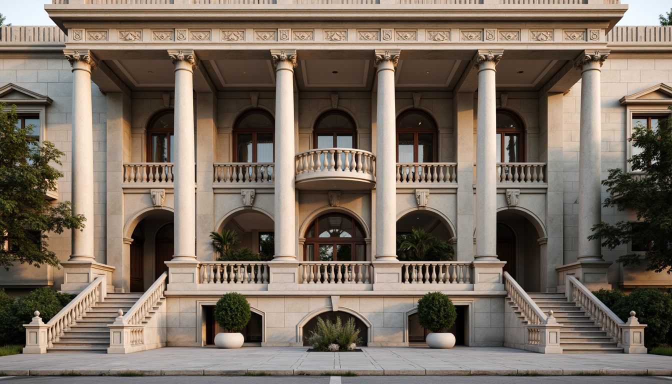 Prompt: Grand neoclassical facade, ornate columns, intricately carved details, symmetrical composition, majestic entrance, sweeping staircases, elegant balconies, decorative moldings, rusticated stone walls, arched windows, ornamental pediments, subtle classical motifs, soft warm lighting, shallow depth of field, 1/1 composition, realistic textures, ambient occlusion.