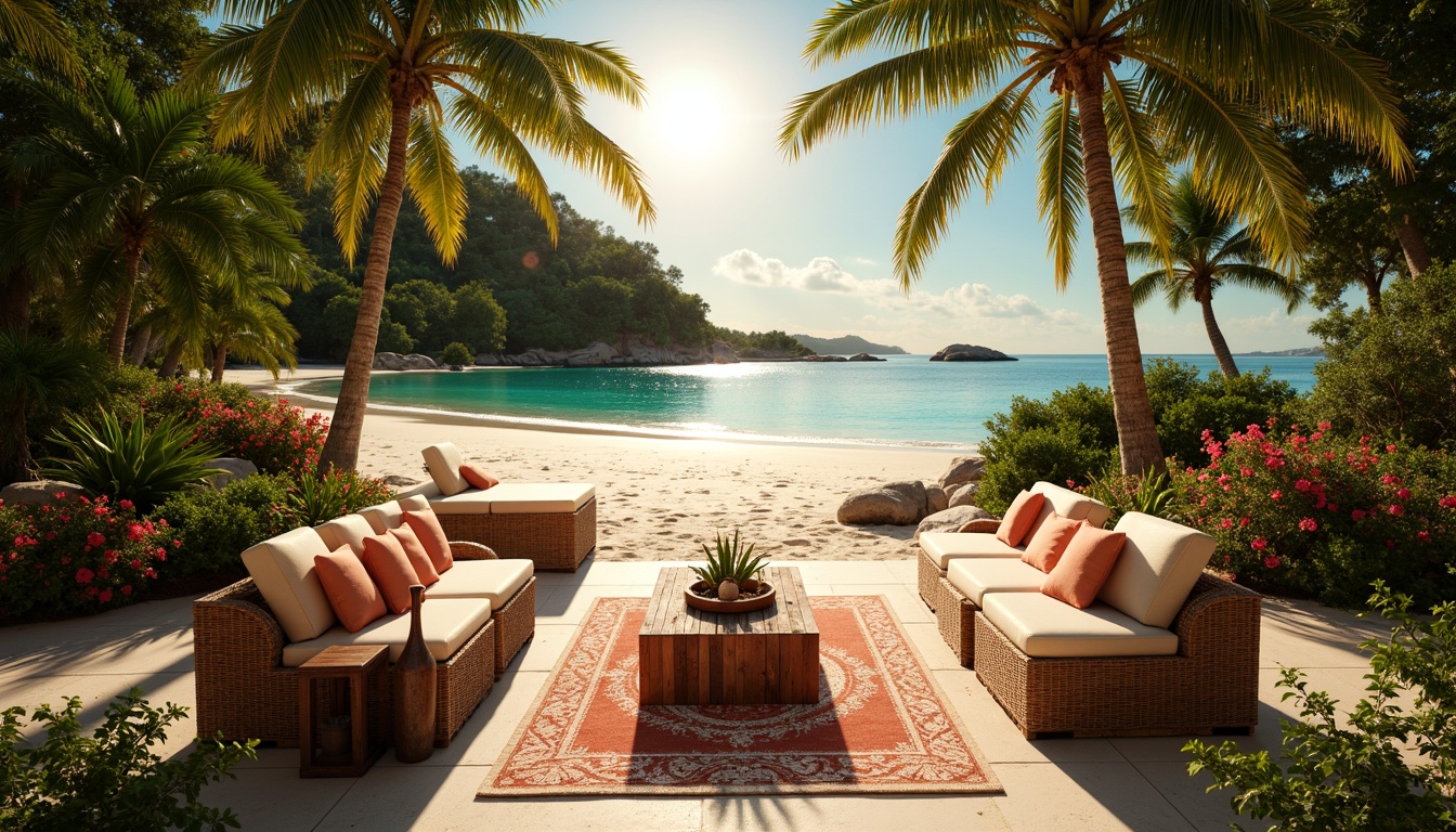 Prompt: Vibrant tropical atmosphere, lush green foliage, exotic flowers, warm sandy beach, crystal-clear turquoise water, rustic driftwood accents, woven rattan furniture, natural textiles, earthy terracotta tones, soft coral hues, creamy whites, rich woodgrain patterns, golden sunset lighting, shallow depth of field, 1/1 composition, panoramic view, realistic textures, ambient occlusion.