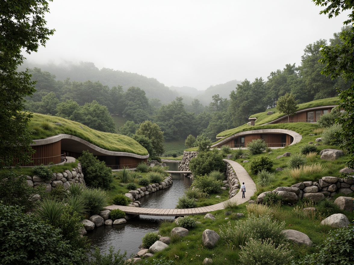 Prompt: Sweeping natural curves, lush green roofs, native plant species, meandering pathways, weathered stone walls, rustic wooden bridges, serene water features, subtle grading transitions, organic building forms, earthy color palette, natural ventilation systems, abundant daylight, soft diffused lighting, 1/1 composition, intimate human scale, realistic vegetation textures, atmospheric fog effects.