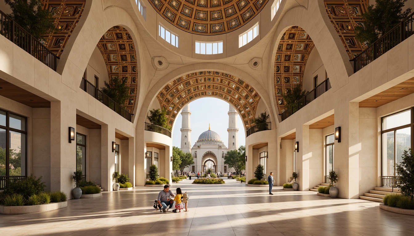 Prompt: \Contemporary mosque, curved domes, intricate Islamic patterns, golden accents, marble flooring, grand entrance, ornate archways, stained glass windows, natural light filtering, warm beige stonework, modern minarets, sleek metal railings, sacred geometry, ambient lighting, 3/4 composition, panoramic view, realistic textures, ambient occlusion.\