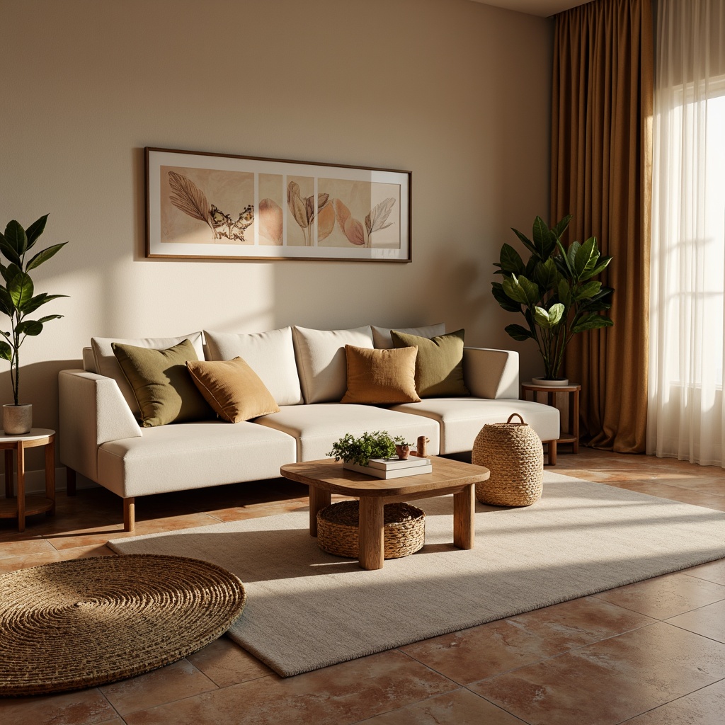 Prompt: Cozy apartment living room, plush throw pillows, velvet sofa upholstery, woven basket coffee table, Moroccan-inspired tile patterns, warm beige walls, natural fiber rugs, soft sheer curtains, minimalist wooden furniture, subtle geometric textiles, earthy color palette, abundant natural light, 1/1 composition, shallow depth of field, realistic fabric textures, ambient occlusion.