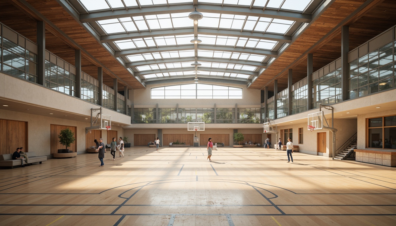 Prompt: Spacious gymnasium interior, high ceilings, clerestory windows, skylights, transparent roof panels, natural stone flooring, wooden sports equipment, basketball courts, volleyball nets, athletic tracks, minimalist decor, bright airy atmosphere, soft diffused lighting, indirect sunlight, subtle shadows, 1/1 composition, symmetrical architecture, modern industrial design, metallic accents, sleek lines, functional layout, energetic ambiance, morning light, warm color palette.