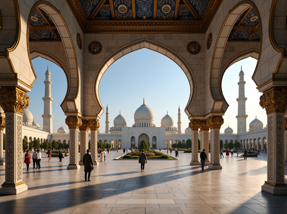 Prompt: Majestic Prussian blue domes, intricate Moorish patterns, grandiose archways, ornate golden accents, luxurious marble floors, lavish crystal chandeliers, opulent velvet drapes, majestic city skyline, warm sunny day, soft diffused lighting, 1/1 composition, symmetrical framing, realistic textures, ambient occlusion.