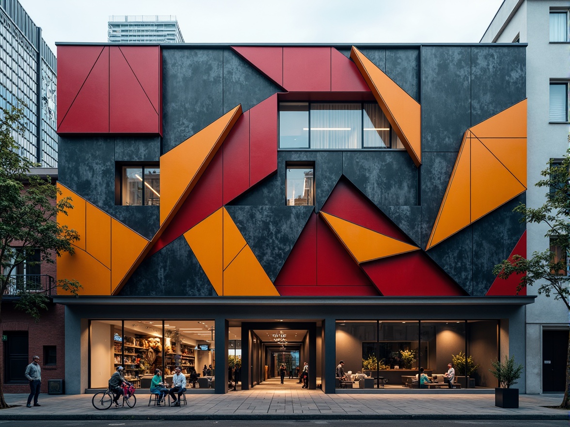 Prompt: Geometric fitness club facade, dynamic shapes, bold colors, industrial materials, metallic textures, abstract patterns, fragmented forms, overlapping planes, dramatic lighting effects, urban cityscape, morning mist, low-angle photography, 1/2 composition, high-contrast imagery, detailed architectural rendering, realistic reflections, atmospheric perspective.