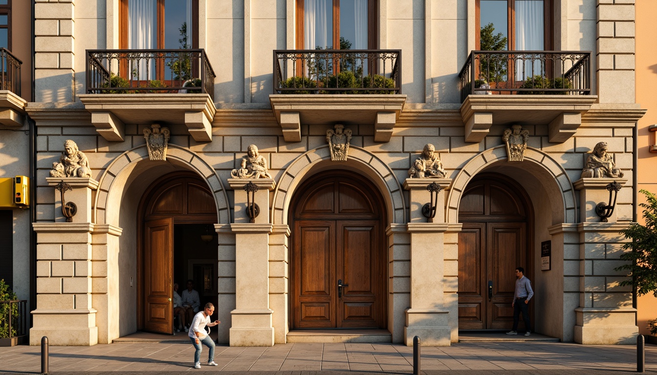 Prompt: Ornate Renaissance-style facade, intricately carved stone columns, ornamental balconies, arched windows, rusticated quoins, decorative pediments, classical pilasters, grand entrance doors, polished bronze door handles, ornate metalwork, weathered stone walls, creamy stucco finish, warm golden lighting, shallow depth of field, 1/2 composition, slight vignette effect, high-contrast rendering, detailed textures.