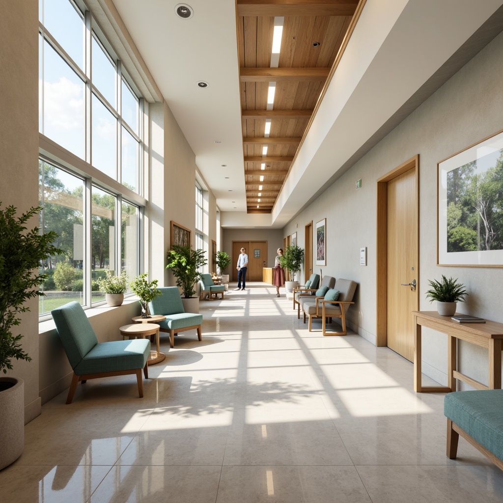 Prompt: Calming healthcare facility, soft pastel colors, gentle earth tones, soothing blue hues, natural wood accents, comfortable seating areas, peaceful waiting rooms, serene patient rooms, warm beige corridors, subtle texture patterns, calming artwork, nature-inspired elements, abundant natural light, soft diffused lighting, 1/1 composition, realistic renderings.