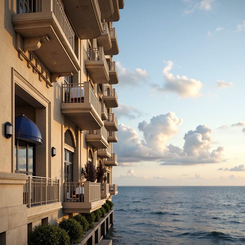 Prompt: Soft blue horizon, creamy white clouds, warm beige skyscraper facade, elegant columns, ornate balconies, classic cornices, subtle nautical details, navy blue accents, crisp white trim, weathered wood textures, gentle sea breeze, calm ocean views, serene beach atmosphere, shallow depth of field, 1/2 composition, warm golden lighting, realistic reflections, ambient occlusion.Please let me know if this meets your requirements or if you need any further adjustments!