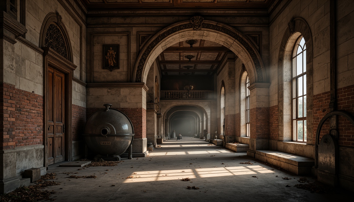 Prompt: Ancient stone buildings, ornate carvings, grand archways, rusted metal accents, distressed wooden beams, vintage industrial equipment, exposed brick walls, ornamental ironwork, mysterious ambiance, low-key warm lighting, cinematic shadows, 1/1 composition, atmospheric fog, realistic textures, ambient occlusion.