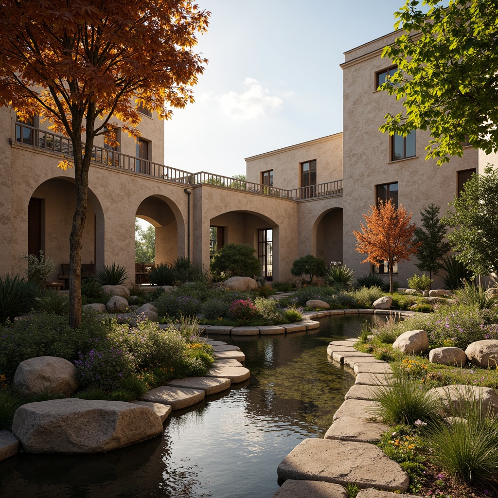 Prompt: Ancient Roman-inspired architecture, grandiose arches, ornate columns, rustic stone walls, lush greenery, vibrant flowers, serene water features, natural rock formations, meandering walkways, scenic lookout points, warm golden lighting, dramatic shadows, 3/4 composition, symmetrical balance, realistic textures, ambient occlusion.