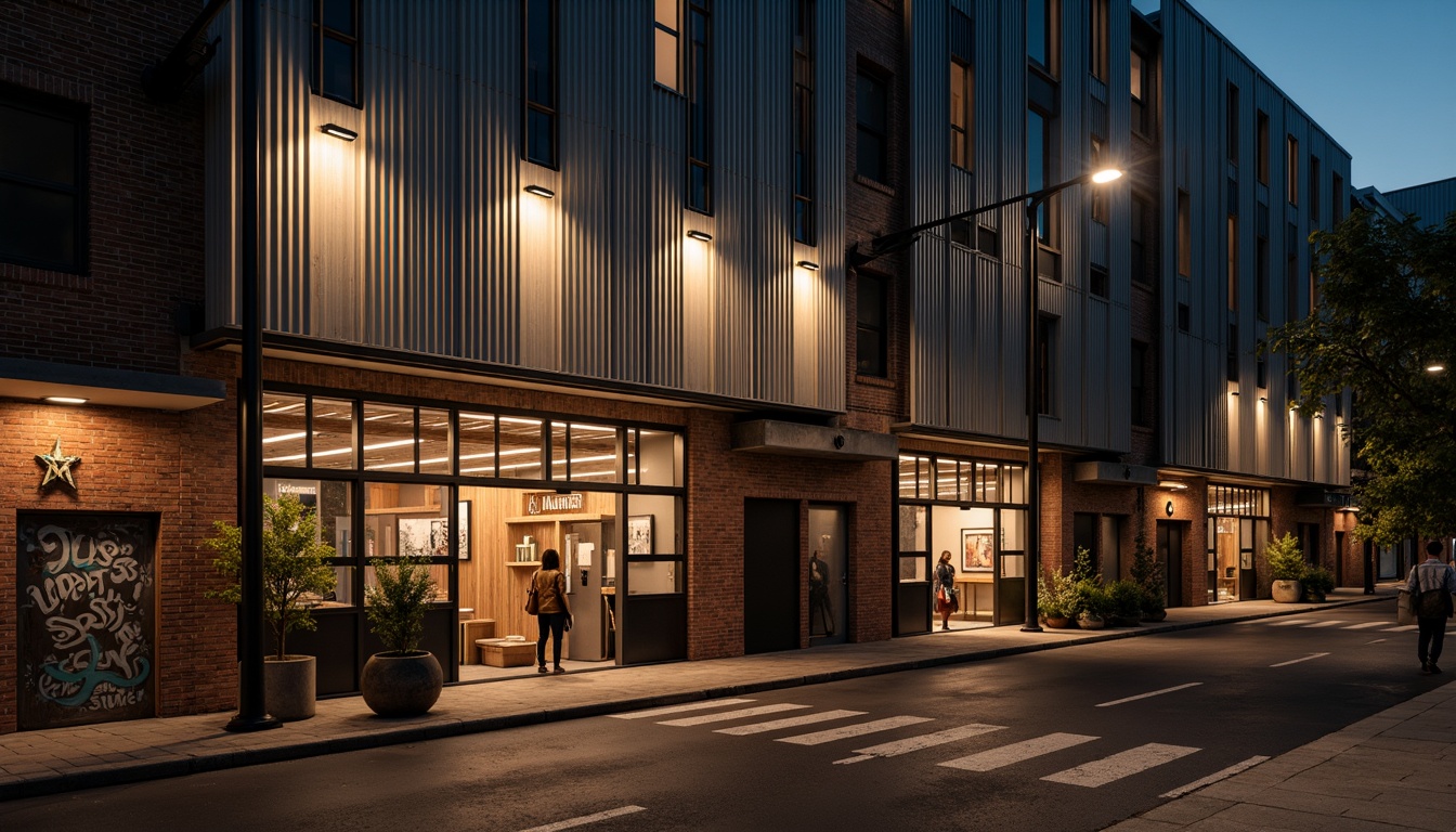 Prompt: Rustic warehouse facade, exposed brick walls, metal cladding, industrial windows, corrugated roofing, distressed wooden doors, vintage signage, urban alleys, graffiti art, nighttime ambiance, warm streetlights, shallow depth of field, 1/1 composition, realistic textures, ambient occlusion.