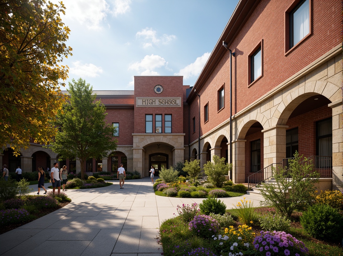 Prompt: Rustic high school building, traditional brick facade, earthy red tones, textured stone walls, ornate archways, sturdy columns, educational signage, vibrant greenery, blooming flowers, bustling courtyard, warm natural lighting, shallow depth of field, 3/4 composition, realistic textures, ambient occlusion.