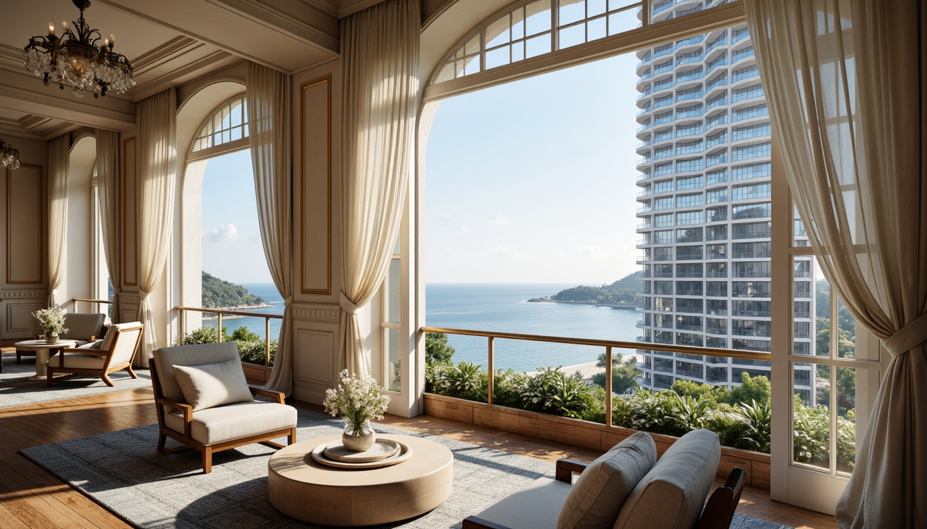 Prompt: Elegant skyscraper facade, coastal ocean views, classicism-inspired architecture, ornate balconies, decorative railings, floor-to-ceiling windows, soft flowing drapes, billowy curtains, natural linen fabrics, weathered wood accents, nautical-themed decor, marine-blue color palette, subtle sea shell patterns, warm golden lighting, shallow depth of field, 1/1 composition, realistic reflections, ambient occlusion.