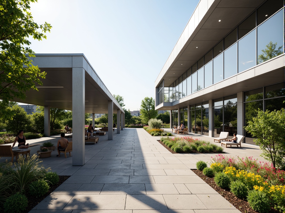 Prompt: Modern gymnasium building, sleek lines, minimalist architecture, large glass windows, polished metal frames, open courtyard, lush greenery, tropical plants, vibrant flowers, natural stone walkways, modern outdoor furniture, shaded seating areas, misting systems, warm sunny day, soft diffused lighting, 3/4 composition, panoramic view, realistic textures, ambient occlusion.