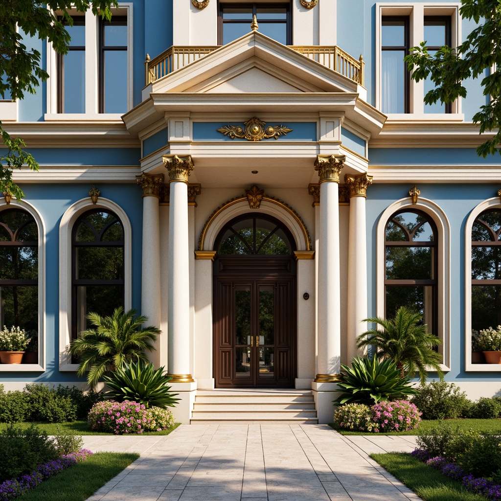 Prompt: Majestic building facade, Prussian blue accents, golden ornate details, intricate stonework, grand entranceways, symmetrical architecture, neoclassical style, ornate columns, decorative arches, lush greenery, vibrant flower arrangements, natural stone pathways, warm sunny day, soft diffused lighting, shallow depth of field, 1/2 composition, realistic textures, ambient occlusion.