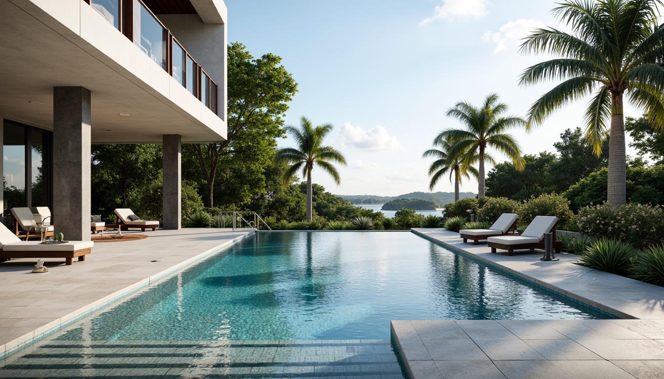 Prompt: Luxurious swimming pool, sleek modern architecture, polished concrete decking, shimmering blue water, glass tile mosaic, natural stone coping, stainless steel handrails, LED underwater lighting, soft warm ambiance, gentle water features, tropical palm trees, lush greenery, sunny day, realistic reflections, shallow depth of field, 3/4 composition, panoramic view.