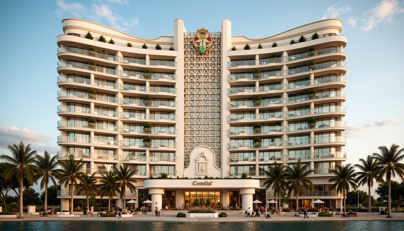 Prompt: Majestic oceanfront, curved building silhouette, ornate metalwork, geometric patterns, pastel color scheme, luxurious materials, grand entranceways, symmetrical facade, nautical-themed decorations, seaside promenade, palm trees, salty sea air, warm sunny day, soft golden lighting, shallow depth of field, 1/1 composition, dramatic low-angle shot, realistic reflections, ambient occlusion.