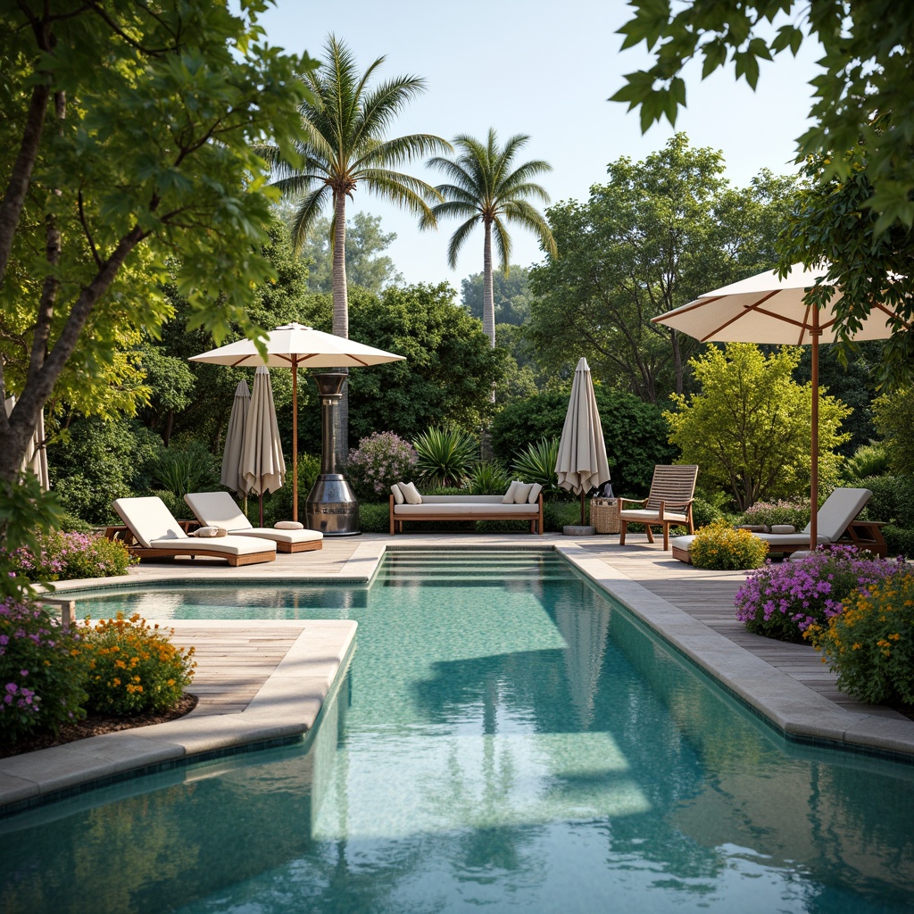 Prompt: Tranquil poolside ambiance, lush tropical greenery, vibrant colorful flowers, comfortable lounge chairs, umbrellas, outdoor heaters, natural stone flooring, wooden decks, modern pool design, crystal-clear water, sunny day, soft warm lighting, shallow depth of field, 3/4 composition, panoramic view, realistic textures, ambient occlusion.