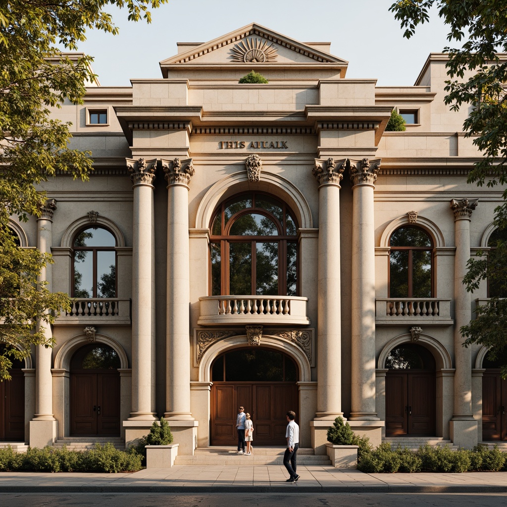 Prompt: Grandiose building facade, ornate details, classical columns, intricately carved stonework, symmetrical composition, majestic entranceways, sweeping arches, ornamental pilasters, decorative cornices, rusticated quoins, imposing scale, limestone or marble materials, subtle earthy tones, warm golden lighting, shallow depth of field, 1/1 composition, realistic textures, ambient occlusion.