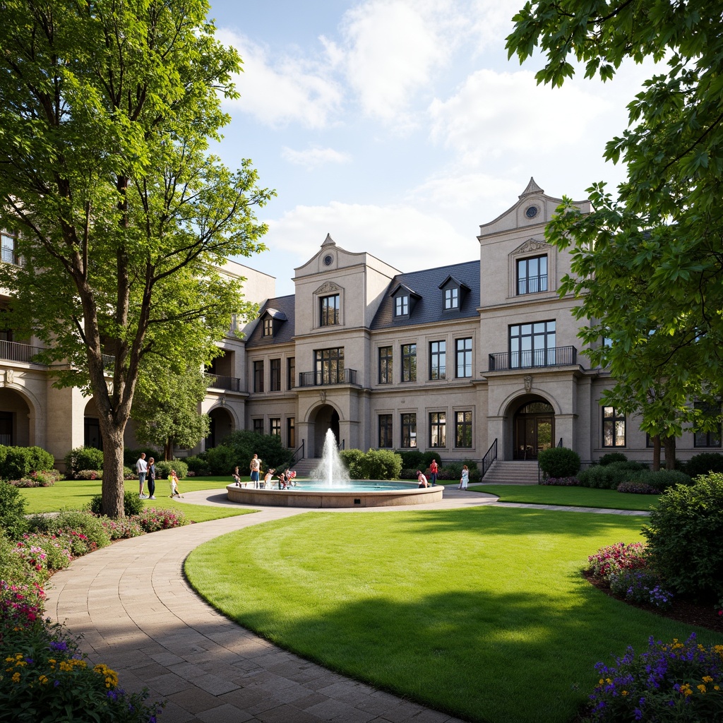 Prompt: Harmonious campus courtyard, lush verdant lawns, mature trees, meandering walkways, ornate fountains, classical stone buildings, symmetrical facades, grand entrance arches, ornamental columns, academic statues, vibrant flowerbeds, sunny afternoon, soft diffused lighting, shallow depth of field, 2/3 composition, panoramic view, realistic textures, ambient occlusion.