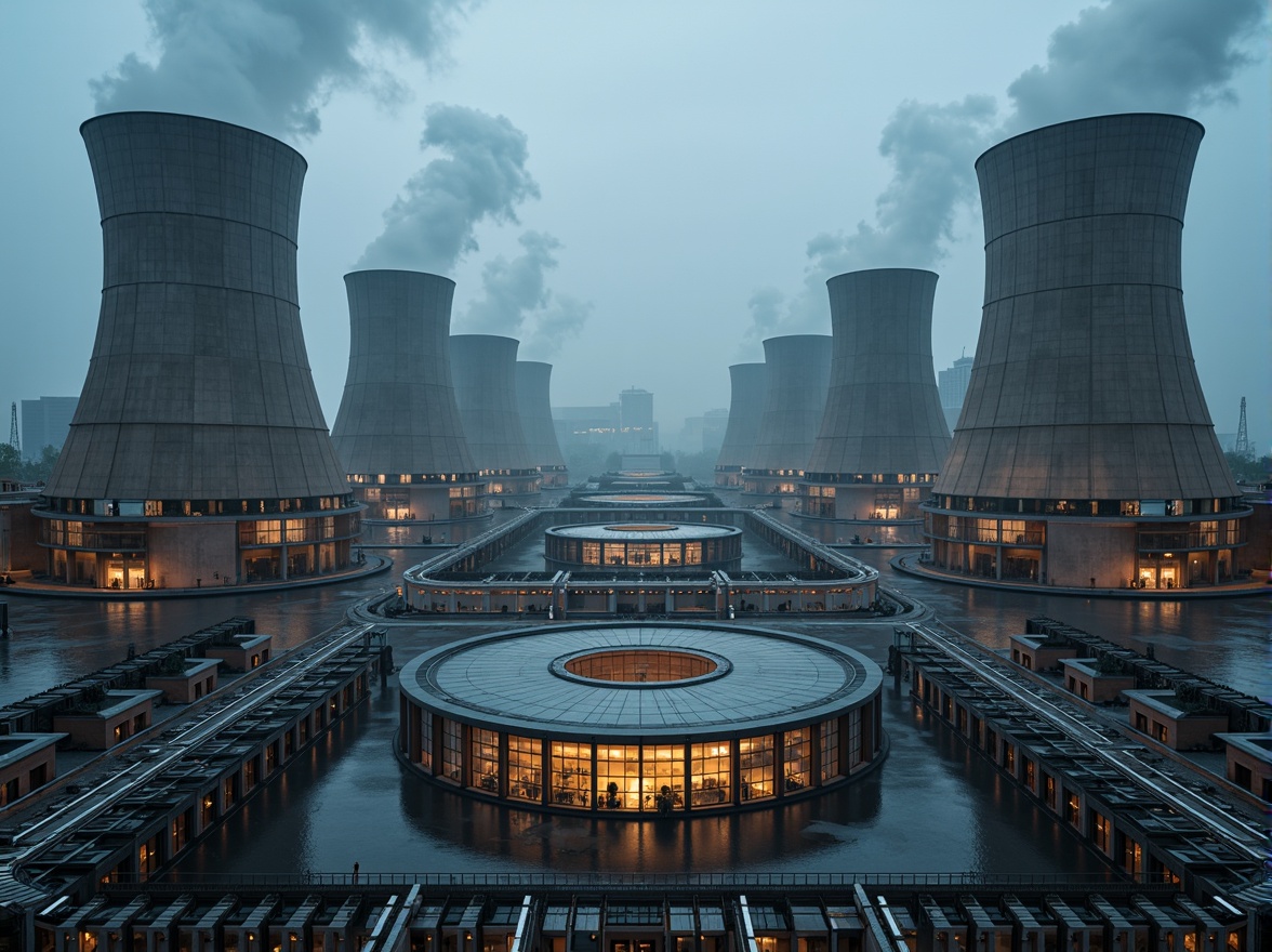 Prompt: Mirrored cooling towers, symmetrical steam vents, gleaming metallic surfaces, uniform pipe networks, precise angular lines, futuristic architecture, circular reactor buildings, central control rooms, sleek glass facades, rhythmic LED lighting, high-contrast color schemes, dramatic fog effects, misty atmospheric conditions, wide-angle lens, 1/1 composition, low-depth of field, realistic reflections.