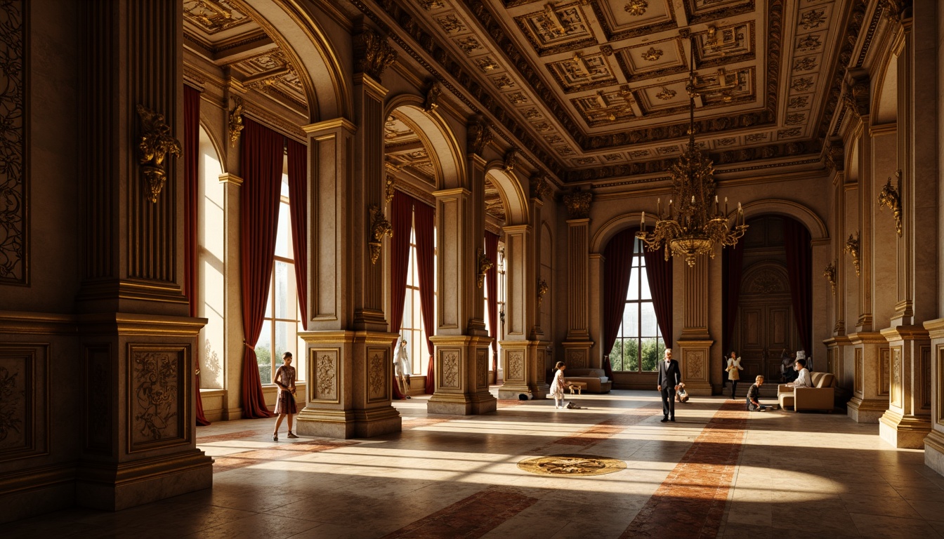 Prompt: Ornate column, intricately carved details, gilded accents, ornamental capitals, fluted shafts, richly textured stone, luxurious marble, velvet drapes, majestic archways, grandiose entranceways, opulent chandeliers, warm golden lighting, dramatic shadows, 3/4 composition, shallow depth of field, realistic textures, ambient occlusion.