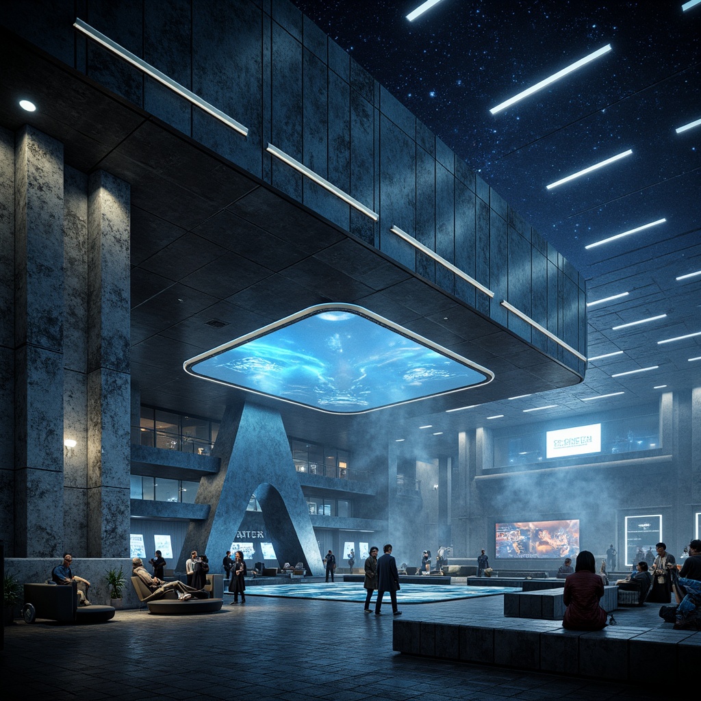 Prompt: Futuristic architecture design, granite walls, metallic accents, sleek lines, minimalist aesthetics, high-tech gadgets, neon lights, holographic displays, space-age ambiance, cosmic patterns, starry night sky, misty atmosphere, shallow depth of field, 1/1 composition, realistic textures, ambient occlusion.