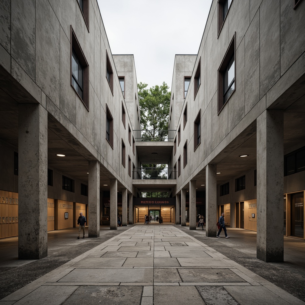 Prompt: Rough-hewn concrete walls, exposed ductwork, industrial metal beams, raw unfinished wood accents, brutalist architectural style, middle school building, educational signage, lockers, classrooms, textured surfaces, rugged stone floors, distressed finishes, urban landscape, overcast sky, dramatic shadows, high-contrast lighting, 1/1 composition, symmetrical framing, realistic renderings, detailed textures.