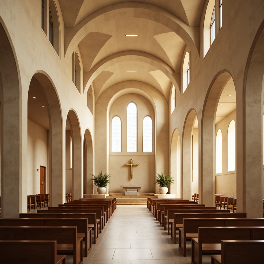 Prompt: Serene chapel interior, minimalist pews, soft warm lighting, elegant archways, high ceilings, grandiose stained glass windows, simplistic altar design, subtle natural textures, cream-colored stone walls, polished wooden floors, gentle curved lines, calm atmosphere, peaceful ambiance, shallow depth of field, 1/1 composition, realistic renderings, ambient occlusion.