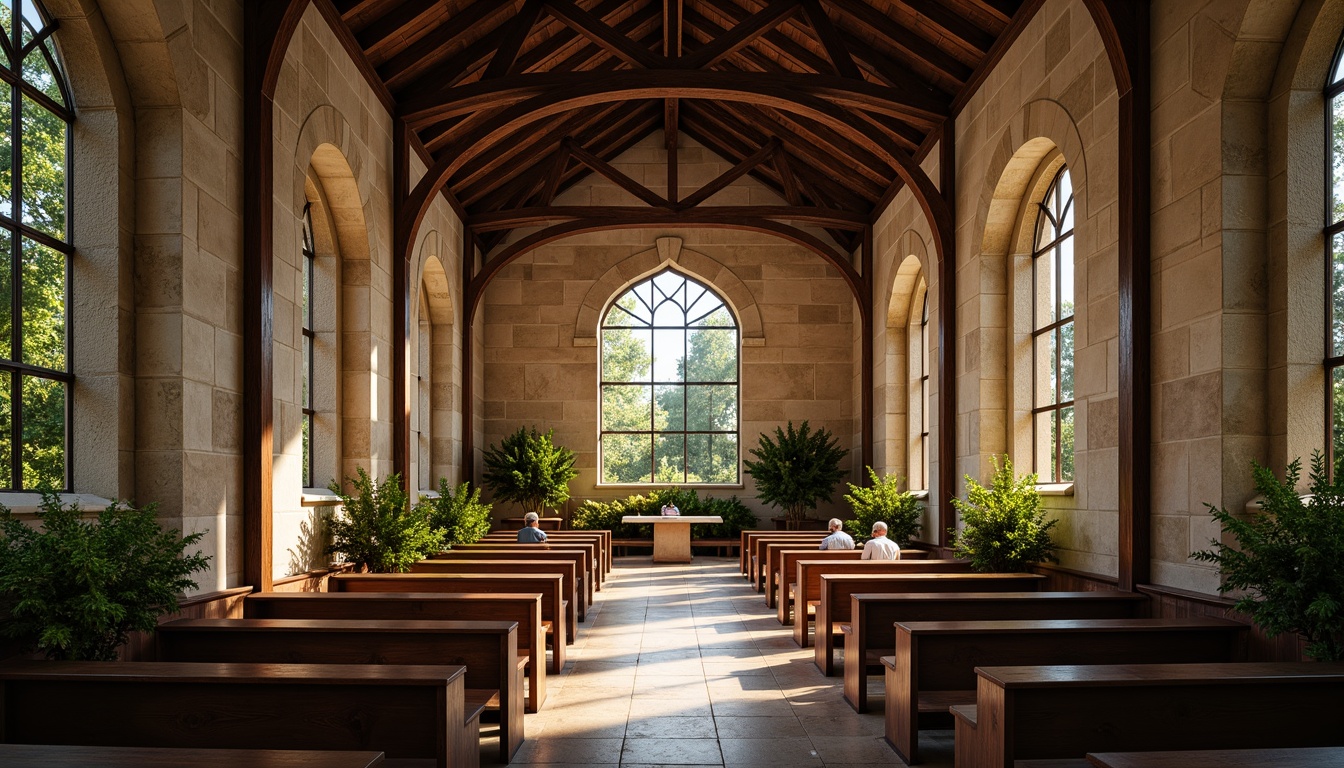 Prompt: Rustic stone church, wooden pews, stained glass windows, vaulted ceilings, natural light pouring in, subtle earthy tones, lush greenery surrounding, peaceful atmosphere, serene ambiance, gentle warm lighting, shallow depth of field, 3/4 composition, panoramic view, realistic textures, ambient occlusion, harmonious blend with nature, organic forms, curvilinear lines, minimalist design, eco-friendly materials, sustainable construction methods.