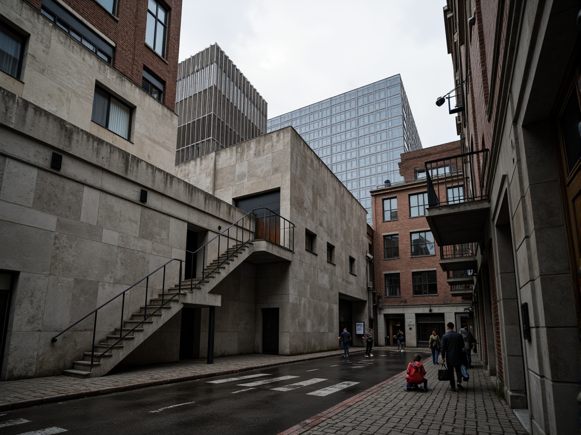 Prompt: Rough concrete walls, exposed ductwork, industrial metal beams, raw brick facades, rugged stone foundations, monumental staircases, fortress-like structures, dramatic cantilevered roofs, brutalist monuments, urban cityscapes, overcast skies, harsh shadows, high-contrast lighting, abstract compositions, cinematic angles, gritty realistic textures, ambient occlusion.