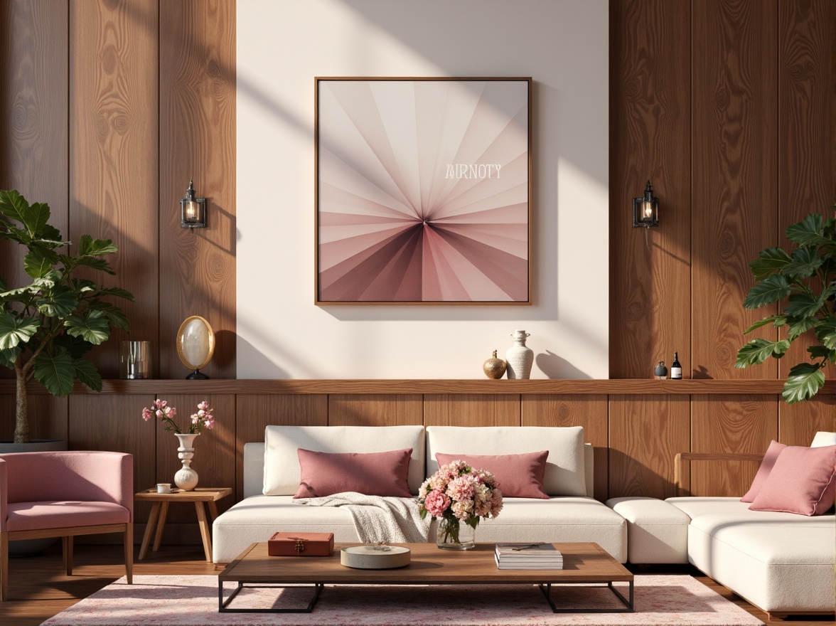 Prompt: Soft mauve hues, blush tones, dusty rose accents, warm beige backgrounds, creamy whites, rich walnut wood textures, ornate metal fixtures, elegant typography, luxurious velvet fabrics, subtle sheen effects, moody atmospheric lighting, shallow depth of field, 2/3 composition, cinematic color grading, realistic material reflections.