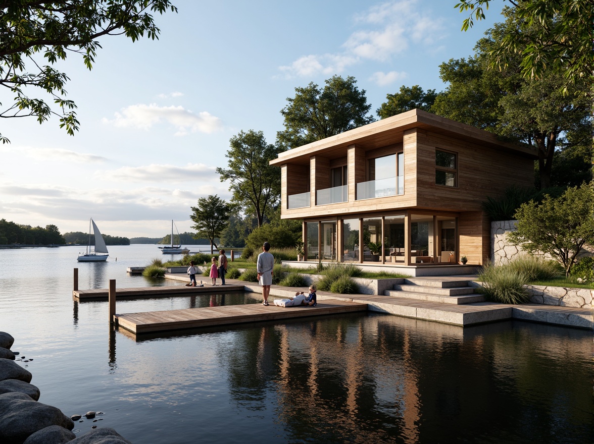 Prompt: Waterfront location, serene lake views, wooden dock, sailboats, luxurious boathouse design, modern architecture, floor-to-ceiling windows, sliding glass doors, natural stone foundation, rustic wood accents, nautical theme, warm cozy lighting, shallow depth of field, 3/4 composition, panoramic view, realistic textures, ambient occlusion.