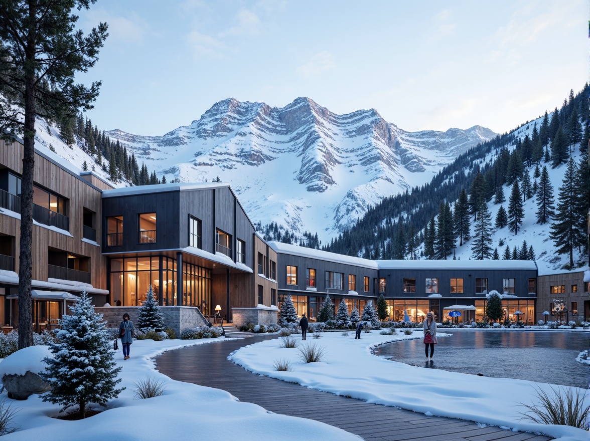 Prompt: Snow-capped mountain peaks, frosty winter morning, ski resort architecture, modern angular buildings, metallic fa\u00e7ades, reflective glass surfaces, cantilevered roofs, snow-load resistant structures, rustic wooden accents, earthy stone walls, powder-coated metal railings, vibrant colored signage, LED lighting installations, frozen lake scenery, pine tree surroundings, misty atmospheric effects, shallow depth of field, 3/4 composition, realistic textures, ambient occlusion.