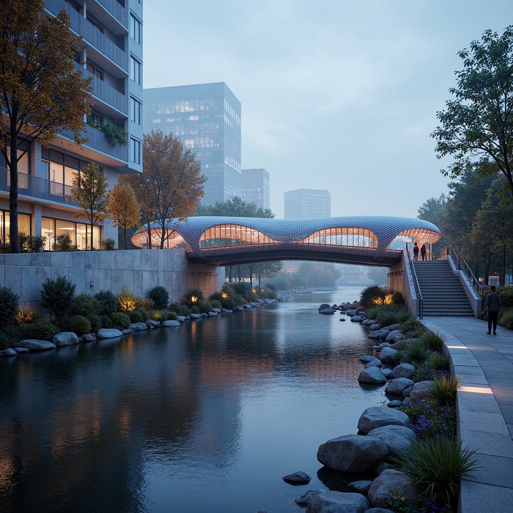 Prompt: Metabolism-inspired pedestrian bridge, undulating curves, biomimetic structures, iridescent colors, translucent canopies, sinuous railings, organic shapes, cellular patterns, futuristic materials, glowing accents, soft misty lighting, shallow depth of field, 1/1 composition, low-angle view, realistic reflections, ambient occlusion, urban waterfront setting, serene atmosphere, gentle river flow.