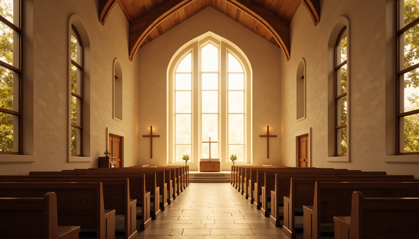 Prompt: Ethereal church interior, soft warm light transmission, stained glass windows, minimalist architecture, clean lines, simple shapes, monochromatic color scheme, subtle textures, natural stone flooring, wooden pews, sacred symbols, ornate altarpieces, subtle shading, soft focus, 1/1 composition, symmetrical view, serene atmosphere, peaceful ambiance, warm golden lighting, gentle shadows, realistic materials, ambient occlusion.