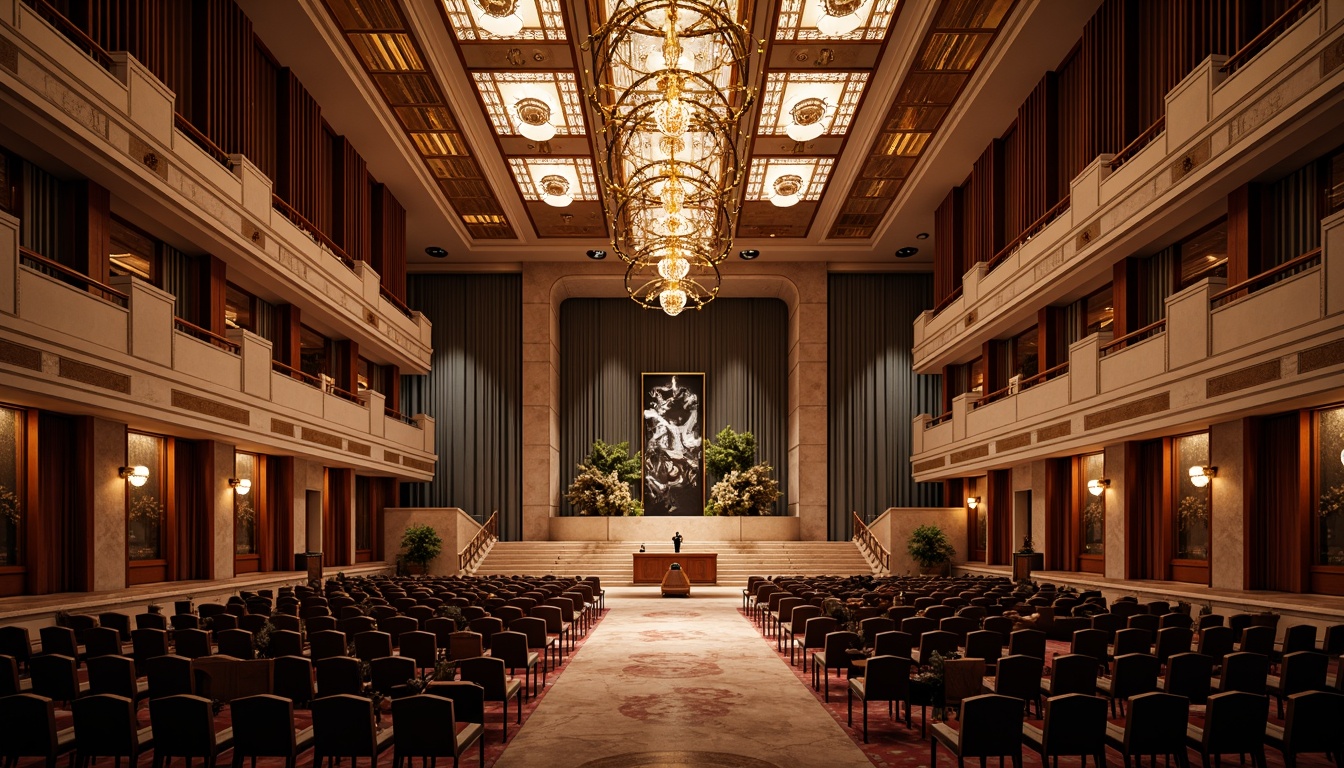 Prompt: Luxurious concert hall, ornate chandeliers, metallic accents, geometric patterns, lavish curtains, velvet drapes, polished marble floors, grand staircases, intricate moldings, gilded details, art deco typography, vintage microphones, antique instruments, rich wood tones, opulent seating areas, dramatic spotlights, warm ambient lighting, shallow depth of field, 1/2 composition, symmetrical framing, realistic textures, subtle reflections.